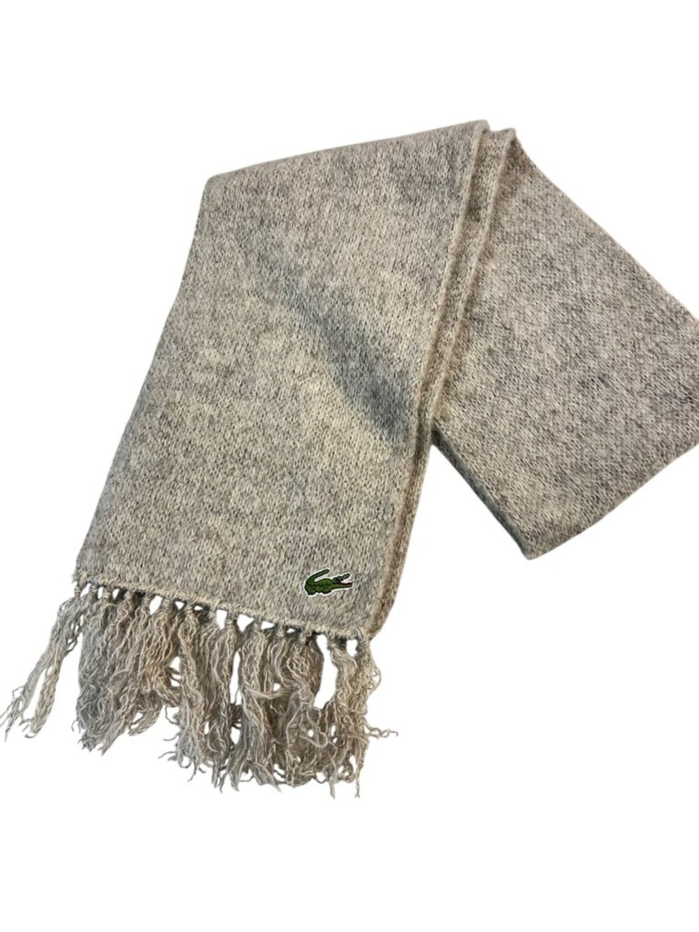 Vintage 1960s Izod Lacoste Womens Gray Fringe Scarf  Iconic Crocodile Logo